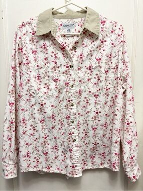 CABIN CREEK White Floral Button Up Top Blouse Pink & Tan Flowers Size Large